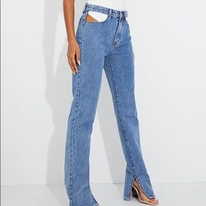 Mid Blue Wash Cut Out Hip Split Hem Jeans